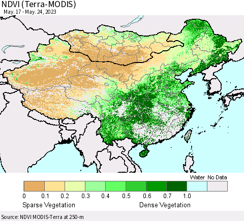 China, Mongolia and Taiwan NDVI (Terra-MODIS) Thematic Map For 5/17/2023 - 5/24/2023