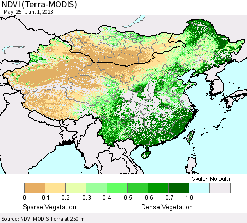 China, Mongolia and Taiwan NDVI (Terra-MODIS) Thematic Map For 5/25/2023 - 6/1/2023
