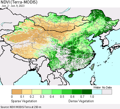 China, Mongolia and Taiwan NDVI (Terra-MODIS) Thematic Map For 6/2/2023 - 6/9/2023