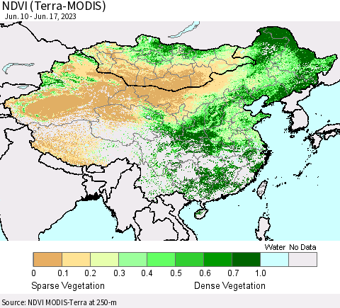 China, Mongolia and Taiwan NDVI (Terra-MODIS) Thematic Map For 6/10/2023 - 6/17/2023