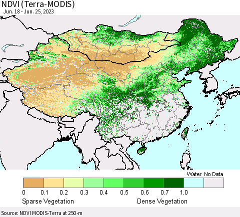 China, Mongolia and Taiwan NDVI (Terra-MODIS) Thematic Map For 6/18/2023 - 6/25/2023