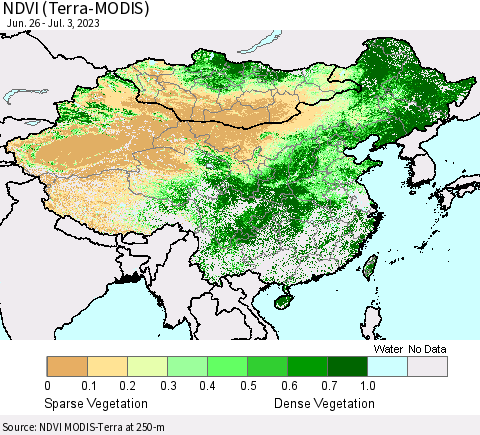 China, Mongolia and Taiwan NDVI (Terra-MODIS) Thematic Map For 6/26/2023 - 7/3/2023