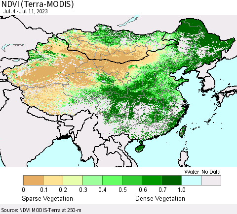 China, Mongolia and Taiwan NDVI (Terra-MODIS) Thematic Map For 7/4/2023 - 7/11/2023