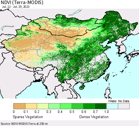 China, Mongolia and Taiwan NDVI (Terra-MODIS) Thematic Map For 7/12/2023 - 7/19/2023