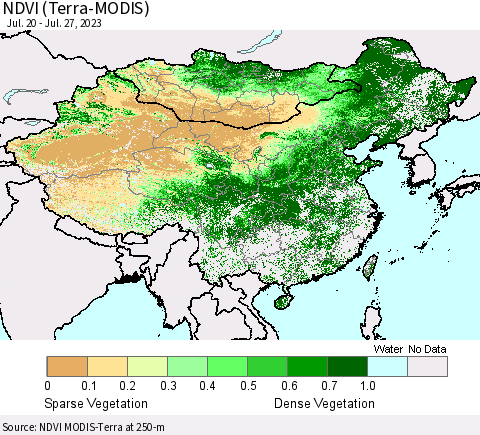 China, Mongolia and Taiwan NDVI (Terra-MODIS) Thematic Map For 7/20/2023 - 7/27/2023