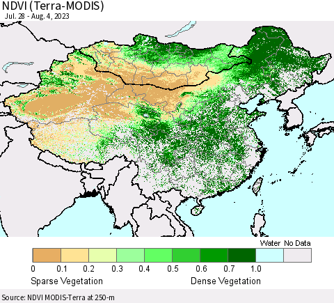 China, Mongolia and Taiwan NDVI (Terra-MODIS) Thematic Map For 7/28/2023 - 8/4/2023