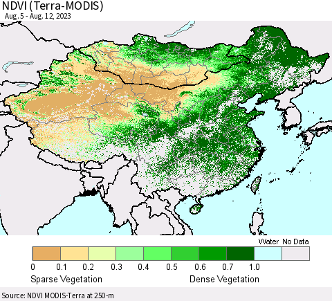 China, Mongolia and Taiwan NDVI (Terra-MODIS) Thematic Map For 8/5/2023 - 8/12/2023