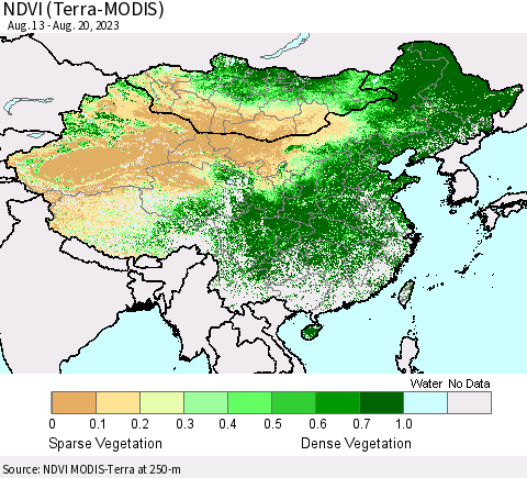 China, Mongolia and Taiwan NDVI (Terra-MODIS) Thematic Map For 8/13/2023 - 8/20/2023