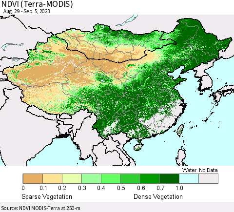 China, Mongolia and Taiwan NDVI (Terra-MODIS) Thematic Map For 8/29/2023 - 9/5/2023