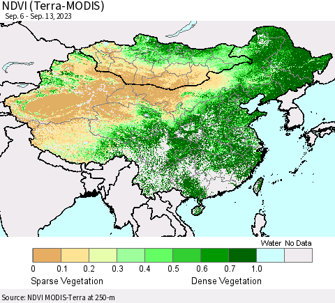 China, Mongolia and Taiwan NDVI (Terra-MODIS) Thematic Map For 9/6/2023 - 9/13/2023