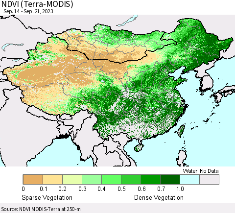 China, Mongolia and Taiwan NDVI (Terra-MODIS) Thematic Map For 9/14/2023 - 9/21/2023