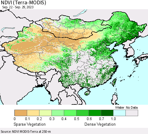 China, Mongolia and Taiwan NDVI (Terra-MODIS) Thematic Map For 9/22/2023 - 9/29/2023