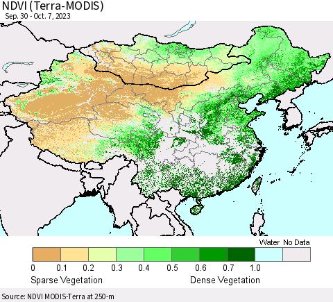 China, Mongolia and Taiwan NDVI (Terra-MODIS) Thematic Map For 9/30/2023 - 10/7/2023