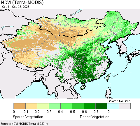 China, Mongolia and Taiwan NDVI (Terra-MODIS) Thematic Map For 10/8/2023 - 10/15/2023