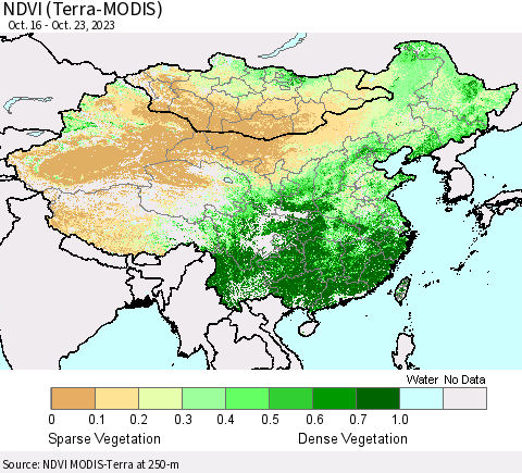 China, Mongolia and Taiwan NDVI (Terra-MODIS) Thematic Map For 10/16/2023 - 10/23/2023