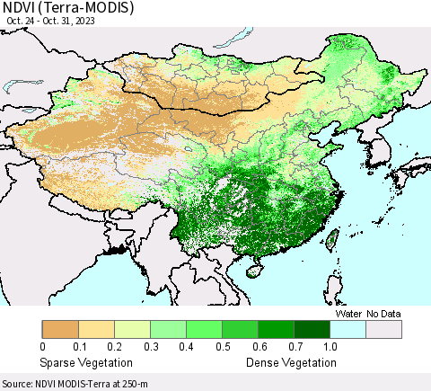 China, Mongolia and Taiwan NDVI (Terra-MODIS) Thematic Map For 10/24/2023 - 10/31/2023