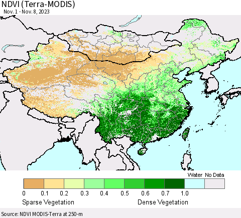 China, Mongolia and Taiwan NDVI (Terra-MODIS) Thematic Map For 11/1/2023 - 11/8/2023