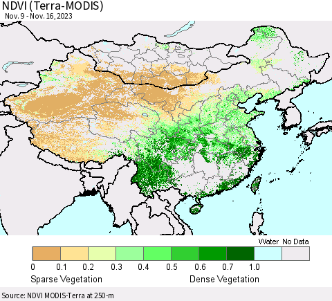 China, Mongolia and Taiwan NDVI (Terra-MODIS) Thematic Map For 11/9/2023 - 11/16/2023