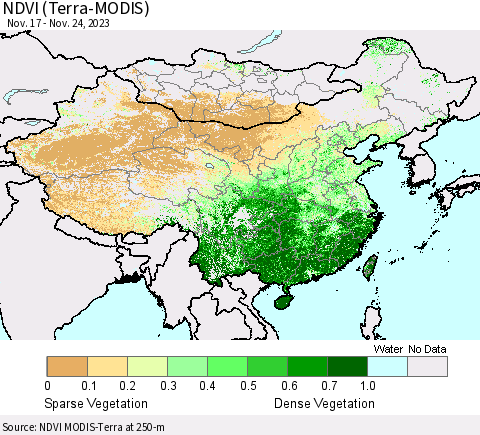 China, Mongolia and Taiwan NDVI (Terra-MODIS) Thematic Map For 11/17/2023 - 11/24/2023