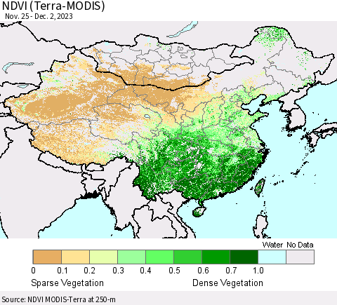 China, Mongolia and Taiwan NDVI (Terra-MODIS) Thematic Map For 11/25/2023 - 12/2/2023