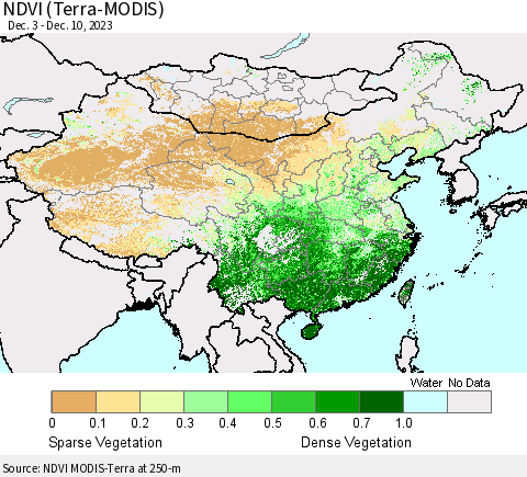 China, Mongolia and Taiwan NDVI (Terra-MODIS) Thematic Map For 12/3/2023 - 12/10/2023