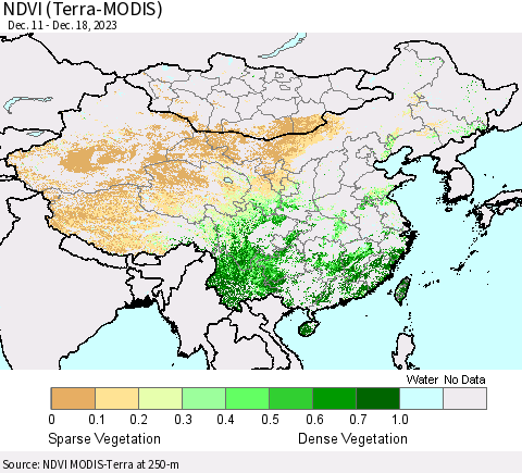 China, Mongolia and Taiwan NDVI (Terra-MODIS) Thematic Map For 12/11/2023 - 12/18/2023