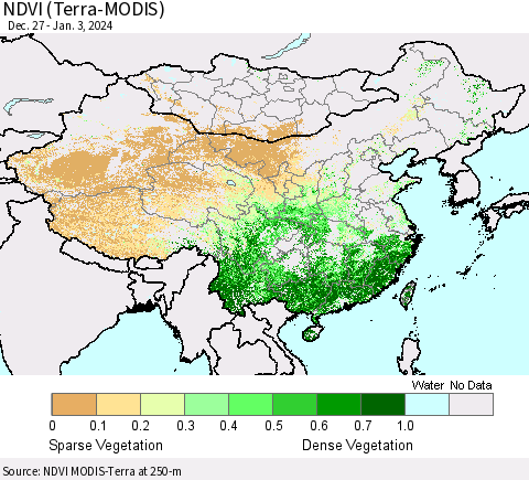 China, Mongolia and Taiwan NDVI (Terra-MODIS) Thematic Map For 12/27/2023 - 1/3/2024