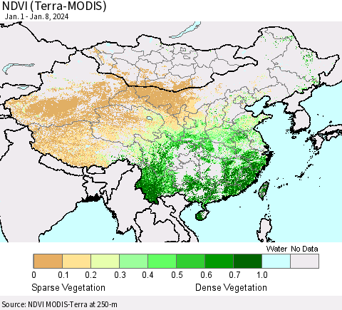 China, Mongolia and Taiwan NDVI (Terra-MODIS) Thematic Map For 1/1/2024 - 1/8/2024