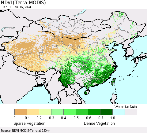 China, Mongolia and Taiwan NDVI (Terra-MODIS) Thematic Map For 1/9/2024 - 1/16/2024