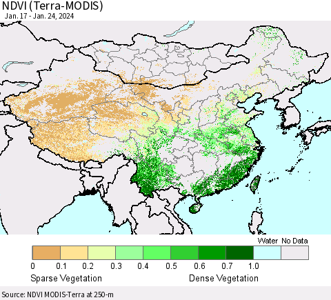 China, Mongolia and Taiwan NDVI (Terra-MODIS) Thematic Map For 1/17/2024 - 1/24/2024