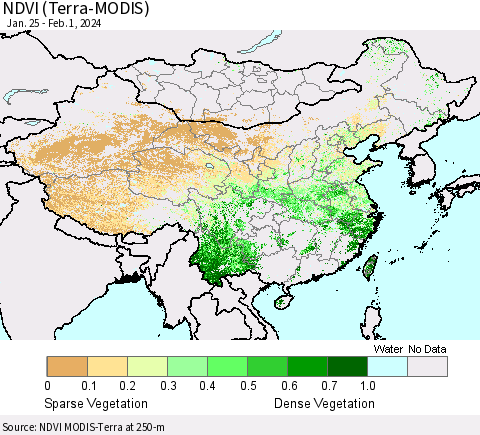 China, Mongolia and Taiwan NDVI (Terra-MODIS) Thematic Map For 1/25/2024 - 2/1/2024