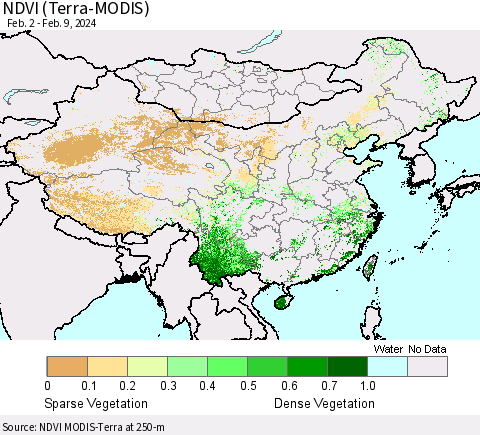 China, Mongolia and Taiwan NDVI (Terra-MODIS) Thematic Map For 2/2/2024 - 2/9/2024
