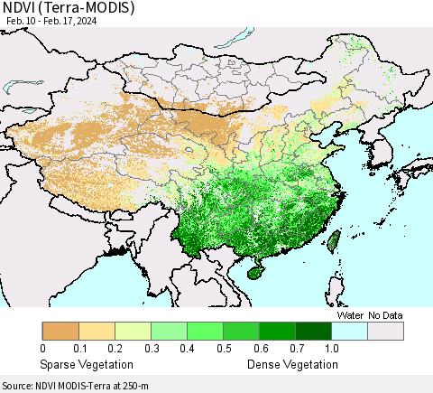 China, Mongolia and Taiwan NDVI (Terra-MODIS) Thematic Map For 2/10/2024 - 2/17/2024