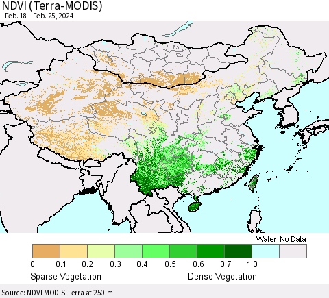 China, Mongolia and Taiwan NDVI (Terra-MODIS) Thematic Map For 2/18/2024 - 2/25/2024