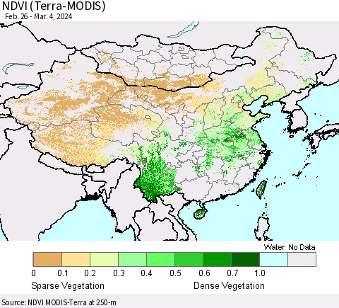 China, Mongolia and Taiwan NDVI (Terra-MODIS) Thematic Map For 2/26/2024 - 3/4/2024