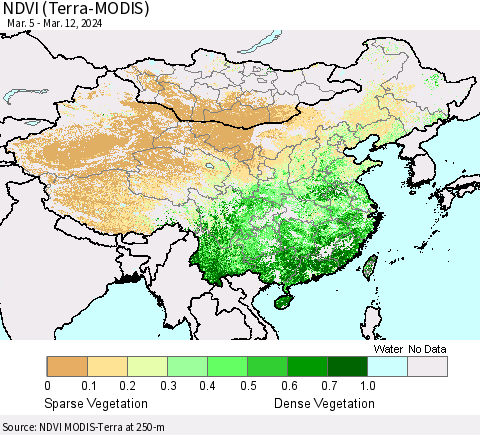 China, Mongolia and Taiwan NDVI (Terra-MODIS) Thematic Map For 3/5/2024 - 3/12/2024