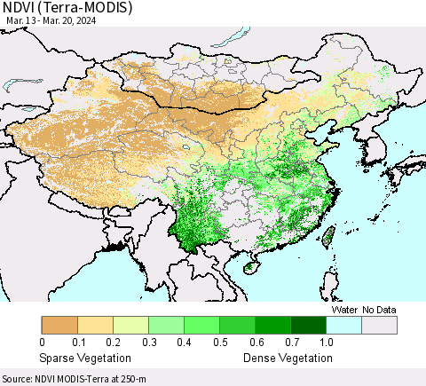 China, Mongolia and Taiwan NDVI (Terra-MODIS) Thematic Map For 3/13/2024 - 3/20/2024