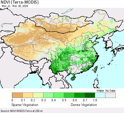 China, Mongolia and Taiwan NDVI (Terra-MODIS) Thematic Map For 3/21/2024 - 3/28/2024
