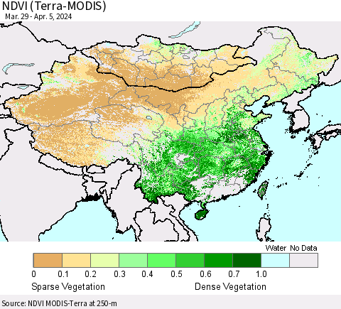 China, Mongolia and Taiwan NDVI (Terra-MODIS) Thematic Map For 3/29/2024 - 4/5/2024