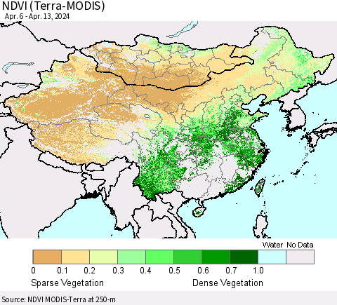 China, Mongolia and Taiwan NDVI (Terra-MODIS) Thematic Map For 4/6/2024 - 4/13/2024