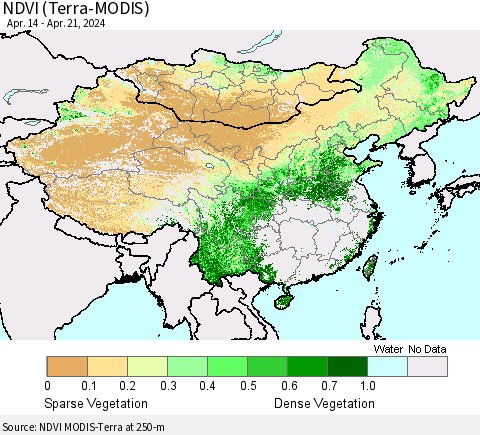 China, Mongolia and Taiwan NDVI (Terra-MODIS) Thematic Map For 4/14/2024 - 4/21/2024