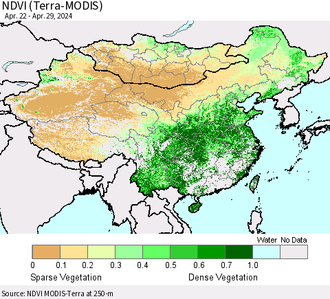 China, Mongolia and Taiwan NDVI (Terra-MODIS) Thematic Map For 4/22/2024 - 4/29/2024