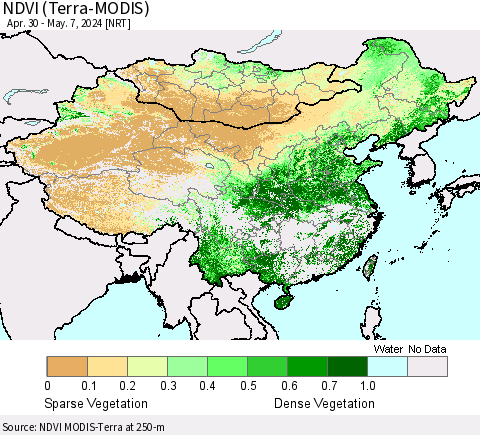 China, Mongolia and Taiwan NDVI (Terra-MODIS) Thematic Map For 4/30/2024 - 5/7/2024