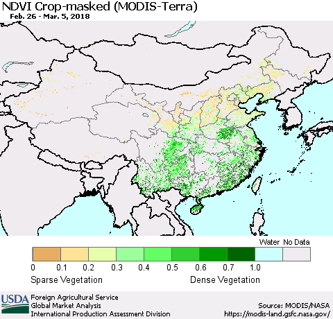 China, Mongolia and Taiwan Cropland NDVI (Terra-MODIS) Thematic Map For 3/1/2018 - 3/10/2018