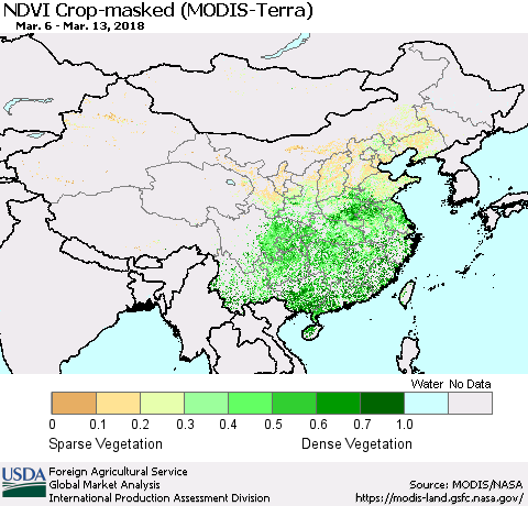 China, Mongolia and Taiwan Cropland NDVI (Terra-MODIS) Thematic Map For 3/11/2018 - 3/20/2018