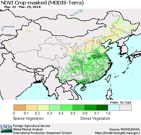 China, Mongolia and Taiwan Cropland NDVI (Terra-MODIS) Thematic Map For 3/21/2018 - 3/31/2018