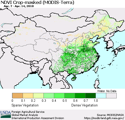 China, Mongolia and Taiwan Cropland NDVI (Terra-MODIS) Thematic Map For 4/11/2018 - 4/20/2018