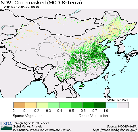 China, Mongolia and Taiwan Cropland NDVI (Terra-MODIS) Thematic Map For 4/21/2018 - 4/30/2018