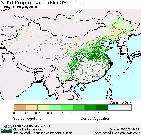 China, Mongolia and Taiwan Cropland NDVI (Terra-MODIS) Thematic Map For 5/1/2018 - 5/10/2018