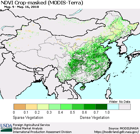 China, Mongolia and Taiwan Cropland NDVI (Terra-MODIS) Thematic Map For 5/11/2018 - 5/20/2018